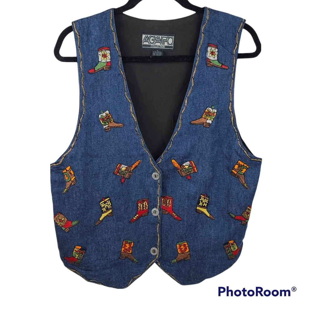 SOLD EBAY Agapo Vintage Denim Embroidered Cowboy Boots Vest Large Buttons - Picture 1 of 5